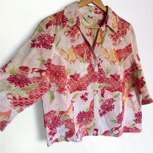 JM Collection Petite | 100% Linen Floral Button Down Blouse | Size 12P
